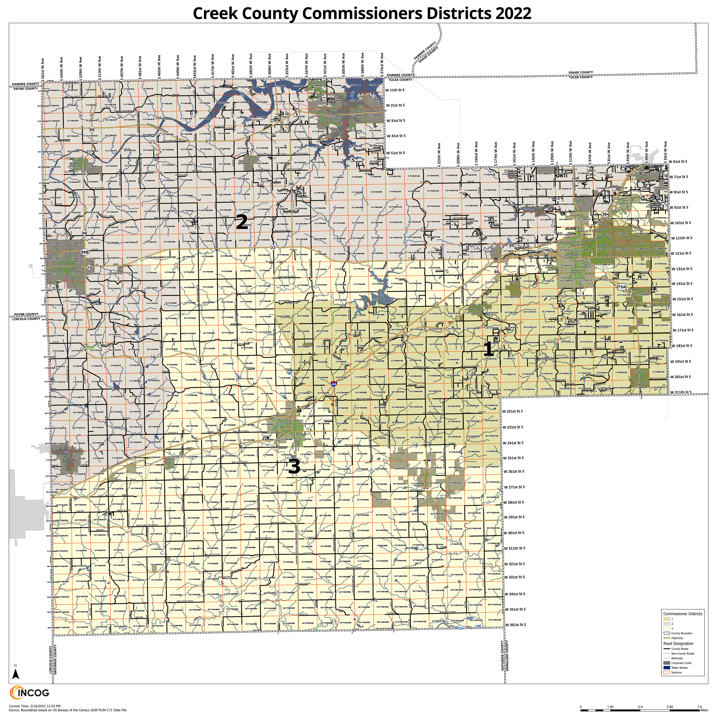 Map of Creek County showing the borders of the three districts